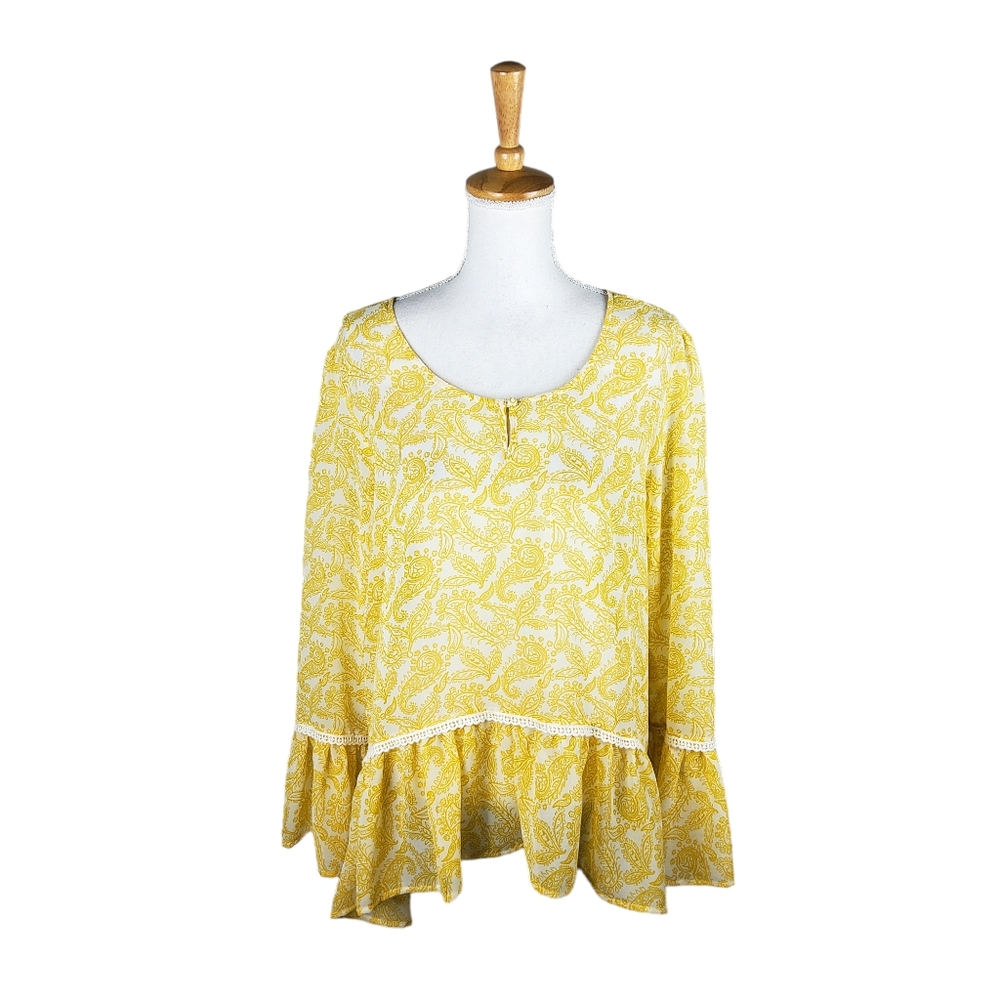 Stitch & Lace Paisley Chiffon Peplum Bell Sleeve Blouse Yellow Size Large